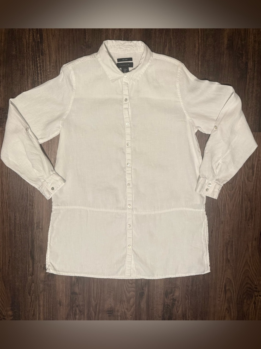 Tahari 100% Linen White Button Up Tunic Top Roll Tab Sleeve Lagenlook Size M